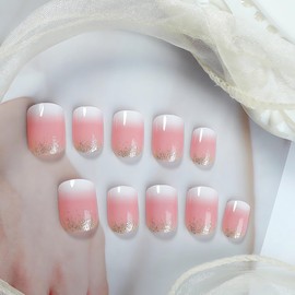 Short French Tip Press on Nails Square Shape Fake Nails Gradient Pink White Acrylic Glue on Nails with Glitter Designs Full Cover Artificial Nails Reusable Stick on Nails for Women DIY Manicure 24Pcs