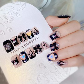 24Pcs Cute Animal Press on Nails Short Square Cartoon Fake Nails Heart Bows Nail Charms Gems Design Acrylic Nails Supply Kawaii False Nails Stick on Nails for Women DIY Party Nails Decoration