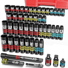Aiourx 3/8" Drive Impact Socket Set, 50 Piece SAE (5/16"-3/4") and Metric (7 mm-19mm), Deep & Shallow Sockets with Extension Bars, Adapters, for Automotive Repair & Industrial Maintenance