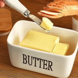 Large Butter Dishes with Lid Ceramics Butter Keeper Container with Knife Top-Quality Silicone Sealing Butter Dishes with Bamboo Cover Good Kitchen Gift