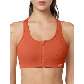 Yvette Zip Front Sports Bra High Impact Sports Bras for Women Plus Size Workout Fitness Bra, Orange Red, M+
