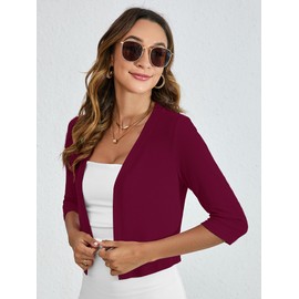 Heymoments Women's Thin Shrugs for Dresses Open Front Burgundy Large Knit Lightweight 3/4 Sleeve Coat Cropped Tops Shawls and Wraps Cardigan Dressy Sweater Clothes
