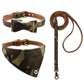 3PCS Bow Tie Dog Collar and Leash Set Plaid/Camo/Dots/Flower Dog Bandanas with Bell 3 Size Adjustable for Small Dogs Puppies and Cats (M, Camo 1)