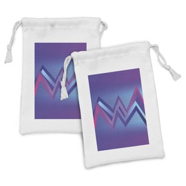 Ambesonne Synthwave Fabric Pouch Set of 2, Abstract Halftone Inspired Dos with Colorful Retro Zigzags Graphic, Small Drawstring Bag for Toiletries Masks and Favors, 9" x 6", Violet and Multicolor