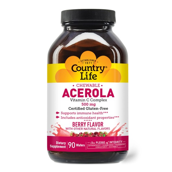 Country Life Acerola 500mg Chewable Vitamin C Complex Natural Antioxidants & Citrus Bioflavonoids for Powerful Immune Health Support - Gluten-Free, Vegan Berry Flavor - 90 Wafers