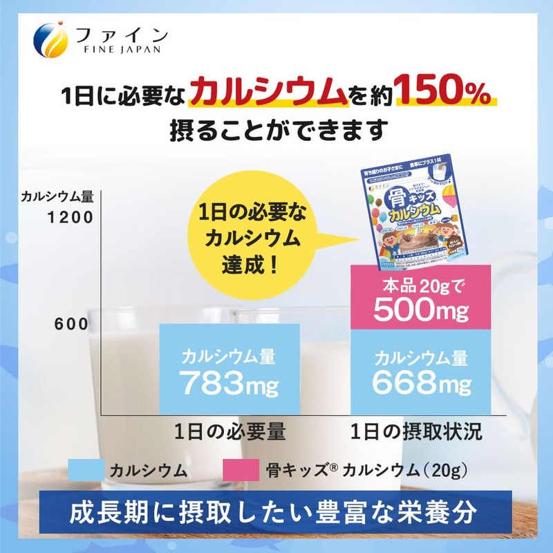 Fine Japan Bone Kids Calcium, 500 mg, Vitamin D5.0 μg,