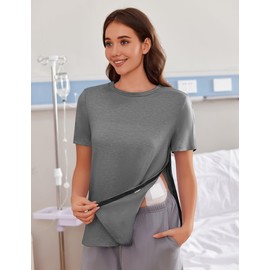 Deyeek Women Post Shoulder Surgery Shirts Recovery Tear Away Short Sleeve Dialysis Clothing Full Side Snap-Open Clothes After Rotator Cuff Surgery Light Gray XXL