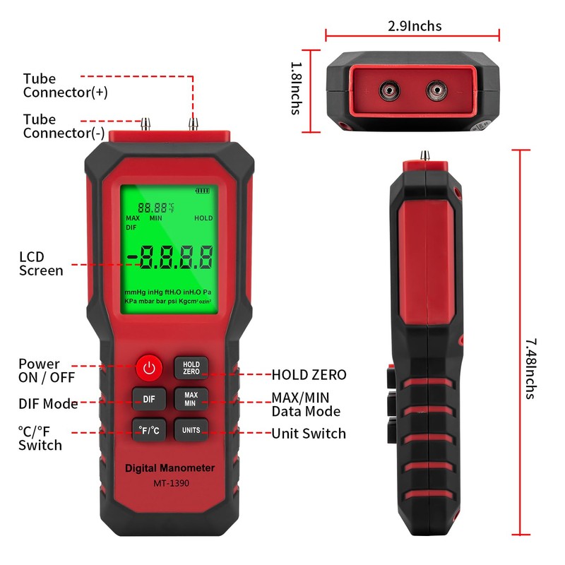 YZT Digital Manometer - Air, Gas Pressure Meter with Differential