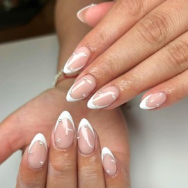 EternalClassic French Tip Press on Nails Short Almond Pearl White Fake Nails with Glue Almond Press on Nails Medium Glossy Acrylic Nails Press ons Full Cover Glue on Nails for Women Girls