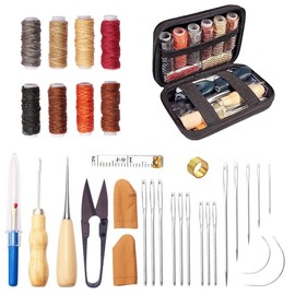 33 PCS Repair Kit,Leather Working Tools and Supplies, Leather Working Kit with Large-Eye Stitching Needles, Waxed Thread, Leather Upholstery Repair Kit, Craft Hand Tools Kit for DIY Sewing
