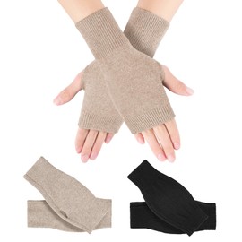Kieswan 2 Pairs of Fingerless Gloves, Unisex, Knitted Pulse Warmers, Women's Soft Hand Warmers, Men's Winter Gloves Without Fingertips (Black, Camel), Black and Camel