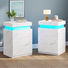 BTHFST LED Nightstands Set of 2,Night Stands for Bedroom,Nightstand with Charging Station and Sliding Top,Bedside Table with Drawers,Modern End Side Table，White Marble