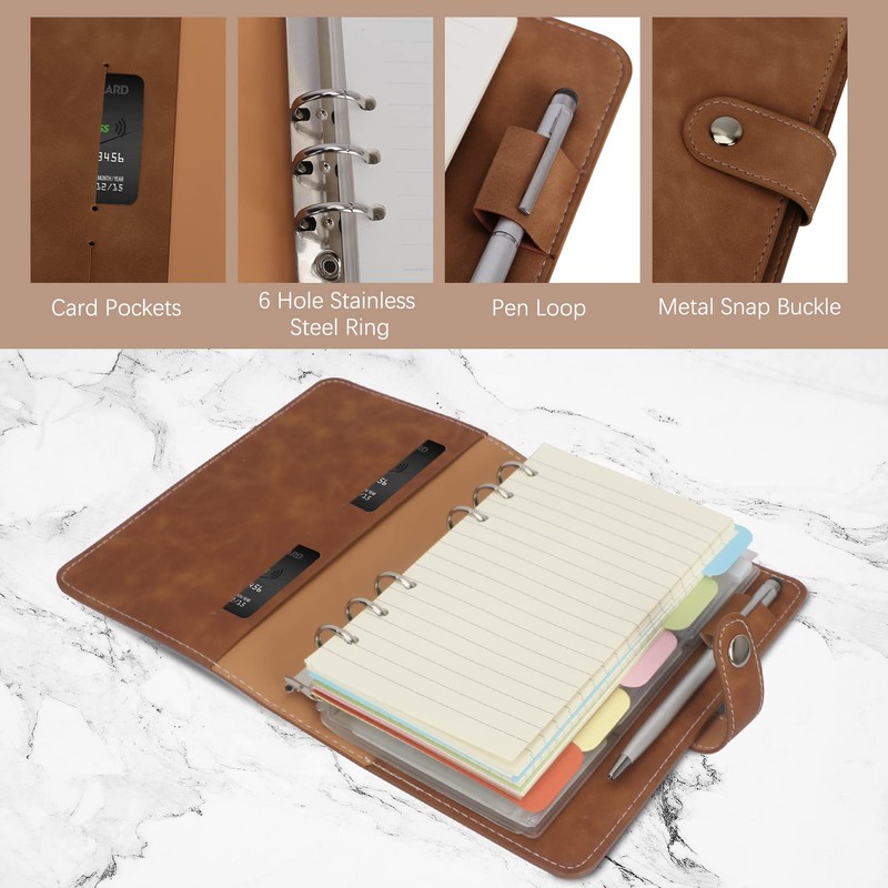 Simpolor Leather A6 Ring Binder Notebook, 6 Rings with Refill