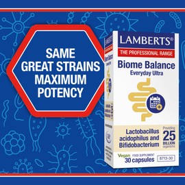 Lamberts Biome Balance Everyday Ultra Capsules 30 – 25 Billion Live Bacteria – Gut Support with Lactobacillus & Bifidobacterium – Delayed Release