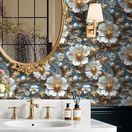 Livelynine Blue White Gold Wallpaper Peel and Stick Faux 3D Wallpaper Panels Luxury Floral Contact Paper Self Adhesive Accent Wall Panels 3D Embossed Flower Wall Paper for Bathroom Ceiling 17.5x78.8"