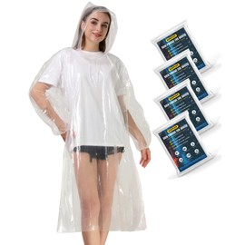 Airpler Disposable Rain Ponchos for Family Adults 4 Pack (Clear) - Emergency Adult Rain Poncho with Drawstring Hood | Airpler