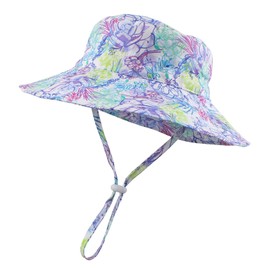 Peecabe Summer Baby Sun Hat for Boys Girls UPF 50+ Wide Brim Toddle Bucket Hat Adjustable Baby Beach Cap 0-8 Years (Purple Flowers, 6-24 Months)