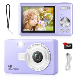 Digital Camera 1080P FHD 44MP with 2.4" LCD Screen, Compact Portable Vlogging Photo Camera with 32gb SD Card, 16X Digital Zoom for Kids Teen Students Beginner (Upgrade Purple)