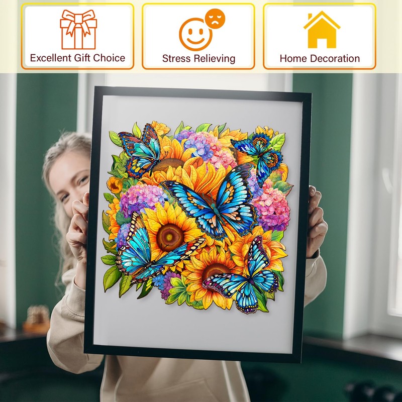 BRIDGE GIFT Butterfly Hydrangea Wooden Jigsaw Puzzle - Medium