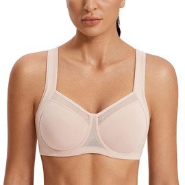 SYROKAN Women's High Impact Sports Bra Support Underwire Unlined Mesh Adjustable Racerback Bra Beige - A217A 40B