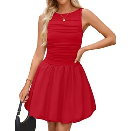 ZESICA Womens Summer Sleeveless Bubble Mini Dress 2025 Boat Neck Ruched A Line Short Cocktail Party Dresses, Red, XS