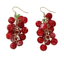 Vintage Grape Earrings Boho Handcrafted Colorful Beaded Round Ball Statement Earrings Sparkly Interesting Acrylic Crystal Grape Dangle DropEarrings Charm Green Leaf Grape Fringe Kawaii Aesthetic Jewelry for Women (Red)