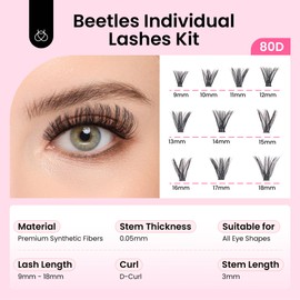 Beetles Lash Clusters 80D Eyelash Clusters 280pcs Individual Lashes D Curl 9-18mm Cluster Eyelash Extensions 3D False Eyelashes DIY Volume Fluffy Cluster Lashes (C030, 80D, 9-18mm)