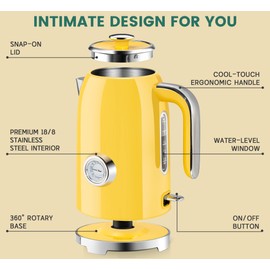 SUSTEAS Electric Kettle - 57oz Hot Tea Kettle Water Boiler with Thermometer, 1500W Fast Heating Stainless Steel Tea Pot, Cordless with LED Indicator, Auto Shut-Off & Boil Dry Protection, Retro Yellow