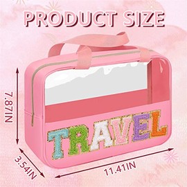 Iqimott - Bolsa de chenilla con parche de carta, bolsa de maquillaje transparente, Pink-Travel