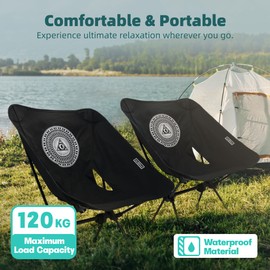 JFEIBLUE Folding Camping Backpacking Chair With Back-Rest, 240lbs Capacity,1000D Cordura breathable fabric， Compact Portable Lightweight Chair Suitable for hiking, fishing, Camping, Beach (Black)