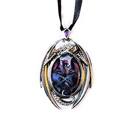 Lunar Magic - Dragon Cameo Oval Cabochon Style Pendant Necklace in Dragon Setting with Diamond Shaped Stone at Top, Ribboned - Artwork by Anne Stokes