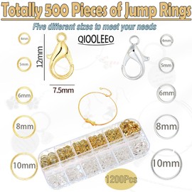 QIOOLEEO 5 Sizes(1200pcs) Open Jump Rings for Jewelry Making, Gold & Silver Non-Tarnish O Ring Connectors, DIY Necklace Repair, Bracelets, Earrings, Pendants, Keychains, Lobster Clasps, Charms