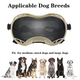 Soft Dog Goggles Large Breed Anti-UV Dog Sunglasses,Large Dog Sunglasses for Medium-Large Dogs Dustproof Windproof Snowproof Sking Dog Eye Protection (Khaki Frame &Gray Lens/Small)