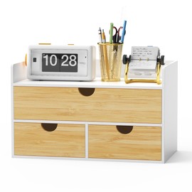 Wisuce Desk Organizer with Drawers - Bamboo Desktop Organizer Storage | White-Natural Wood Desk Drawers Organizer for Bills, Office Supplies, Cosmetics, Seals No Assembly Required
