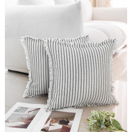 LIGICKY Set of 2 Fringe Cushion Covers with Tassels Black Striped Boho Farmhouse Throw Pillow Covers Soft Square Cushion Cases for Sofa Couch Bed Living Room Decor, 20 x 20 inch