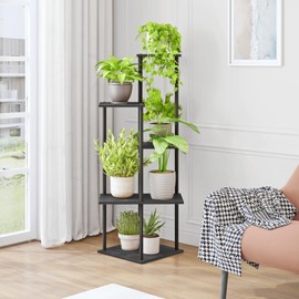 JEPRECO Plant Stand Indoor 5-Tier Metal Wood Plant Shelf for Multiple Flower Pots Corner Tall Flower Holders for Living Room Balcony Bedroom, Black