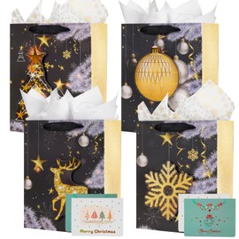 Gfractolux Christmas Gift Bags for Presents, 4 Pack Multipack Medium Gift Bag with Tissue Papers and Cards, Kids Adult Gift Present Bag, Shopping Bag for Holiday Xmas Event Party, 9 IN x 3.9 IN x7 IN