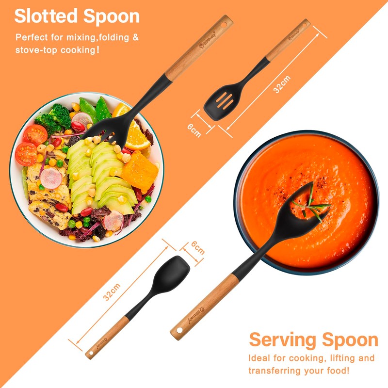 Large Silicone Cooking Spoon Set, 2 Pack Solid Slotted Spoon