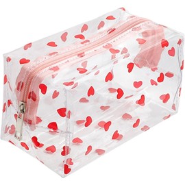 PVC Flower Pattern Stationery Cosmetics Storage Bag,PVC Clear Makeup Bag Floral Clear Toiletry Travel Bag Clear Makeup Organizer Bag,Transparent Small Cosmetic Bag Waterproof Cosmetic Bag (Pink Heart)