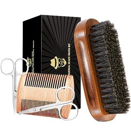 Cepillo para barba para hombres, cerdas de jabalí, madera de nogal negro, barbas y bigotes, incluye cepillo de barba de cerdas de jabalí, peine de bar