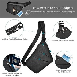 Mens Sling Chest Shoulder Bag Anti Theft Pocket Portable Waterproof Travel Pack (Black Right)