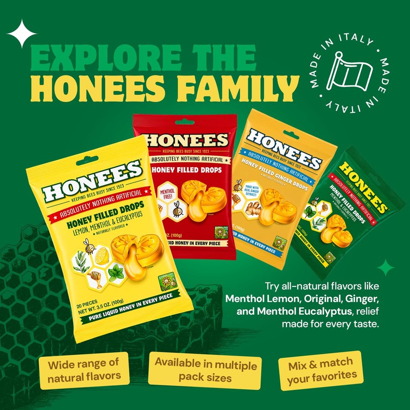 Honees Filled Honey Lemon Cough Drops- Filled with Honey, Menthol,