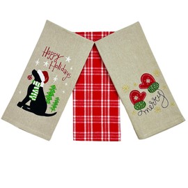 Holiday Christmas Kitchen Bath Dish Hand Kitchen Towels: Happy Holidays Dog Merry Mittens and Plaid Designs 3 Pc Flat Weave Design, 100% Cotton 15" x 25" for Hands, Dishes or Home Decor