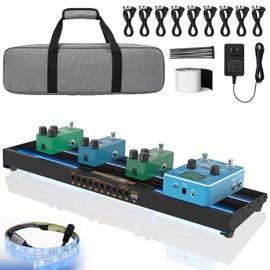 YUER Guitar Pedal Board with Built-in Power Supply & RGB LED Lights 19.1x5.2'' Aluminum Alloy Effect PedalBoard for Electric Guitar with 7x9V/12V/18V Outputs 9xCables Carry Bag Hook Tape (Plug & Play)