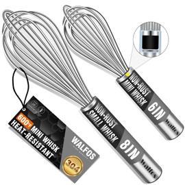 Walfos Mini Whisk,6+8" Non-Rust Small Whisk,304 Stainless steel Whisk Heat Resistant 600°F,Nice for mixing salad dressings or beating an egg.Tiny whisk size great for narrow and shallow vessels.Silver