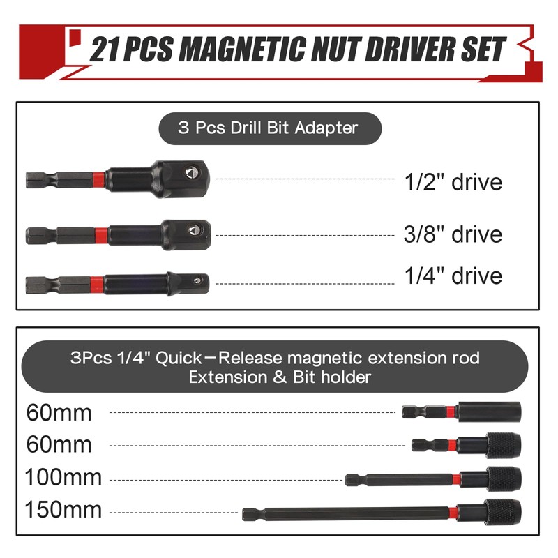 21PCS Magnetic Nut Driver Set, Impact Driver Socket Sets, Impact
