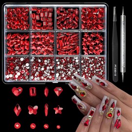 Cycullinyt 1660Pcs 3D Glass Scarlet Nail Art Rhinestones, 8 Types of Multi Shapes Diamonds + 4 Sizes Flatback Round Bead Gemstones Diamond with Tweezer + Pickup Pen for Manicure Craft Decoration DIY