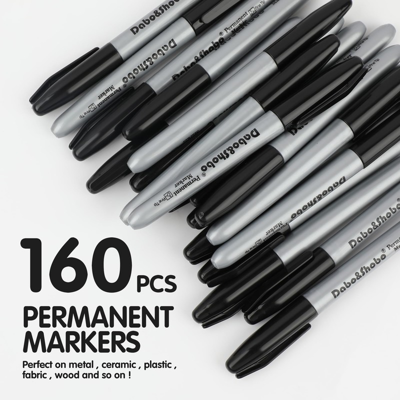 Dabo&Shobo Permanent Markers, 160 Pack Black Permanent Markers Bulk, Fine