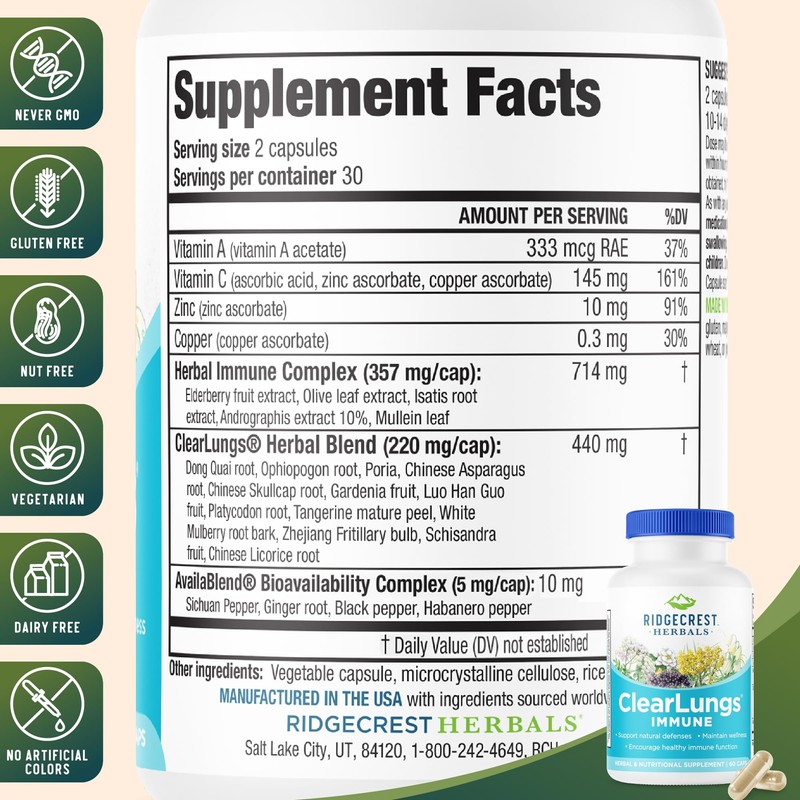 RidgeCrest Herbals ClearLungs Immune, Lung Support Supplement with Elderberry, Zinc,