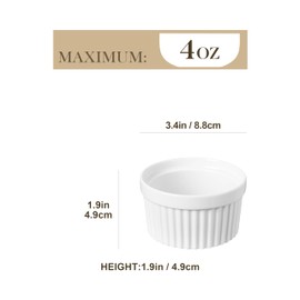 MALACASA Ramekins 4 oz Oven Safe, Porcelain Creme Brulee Ramekins Pudding Custard Cups Small Ceramic Souffle Dishes Ramakan Ramiken Ramicans Baking Bowls Set of 6, White, Series RAMEKIN-DISH